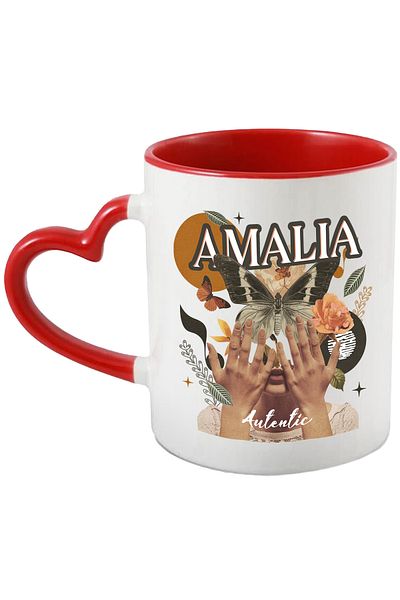 StoryGift Romania Mug With Name Amalia, Girl Collage, Butterfly, Flowers, Circle, 330ml, Ceramic with Handles, With ,STG.