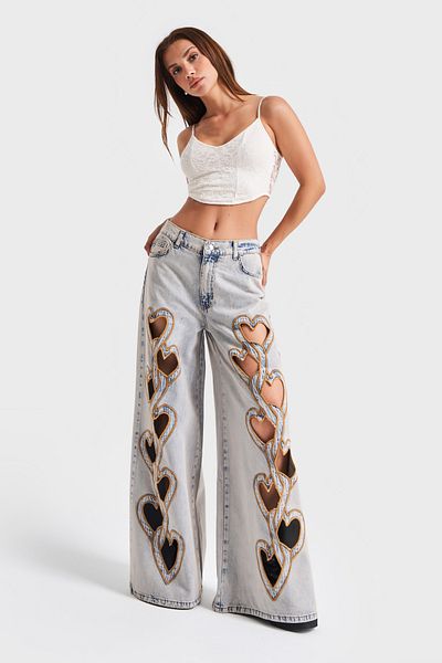 its basic Blugi de damă, culoare inimă, brodate cu design special Palazzo Fit, blugi din denim cu talie medie