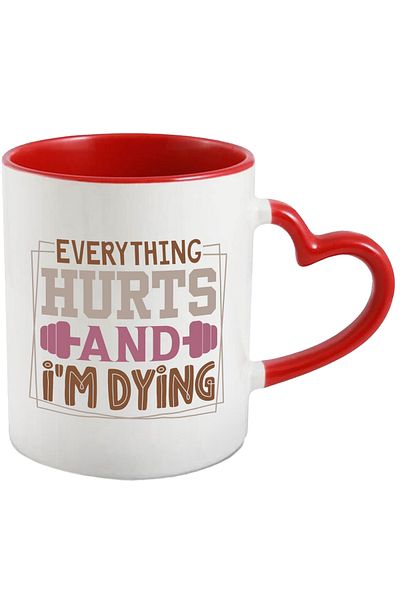 StoryGift Romania Mug with a dumbbell and the message "Everything hurts and I'm on "death"" with Heart Handle, With ,STG.