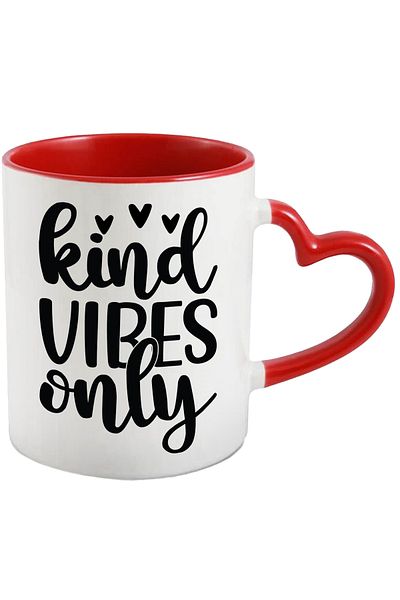 StoryGift Romania Mug with hearts and the text "Kind vibes only" - only good vibes, kindness with M, Cu, STG.
