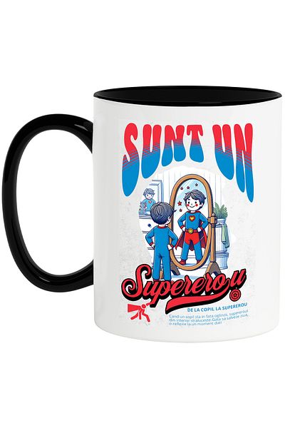 StoryGift Romania I'm a Superhero Mug - Happy Child in the Mirror, 330ml, Ceramic with Black Handle, With ,STG.