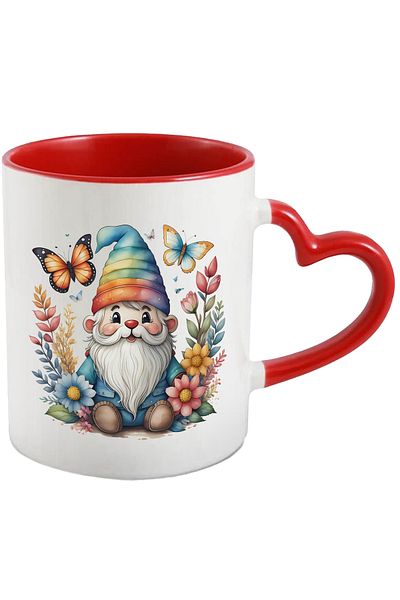 StoryGift Romania Mug with a cheerful garden gnome | illustration | butterflies | nature | various flowers, With ,STG.