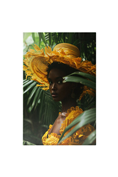 StoryGift Romania Tablou Canvas Silueta Feminină Din Umbra Junglei Rochie Și Pălărie Galbenă Cu Flori Brodate , P