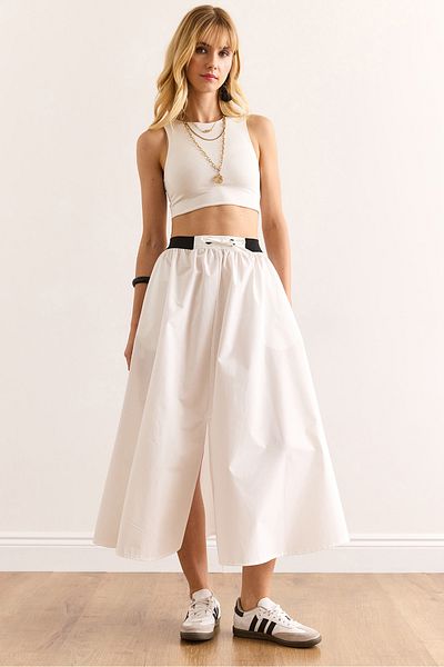 Olalook Women's White Black Banded Front Slit Lace up Midi Bell Skirt Etk-19000321