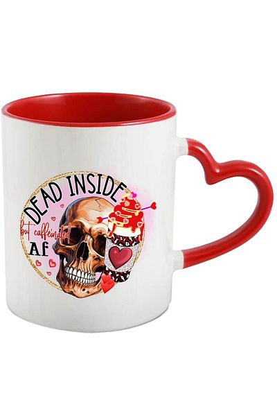 StoryGift Romania Mug with a skull and a cup of coffee with the message "Dead inside, but caffeinated, With,STG.
