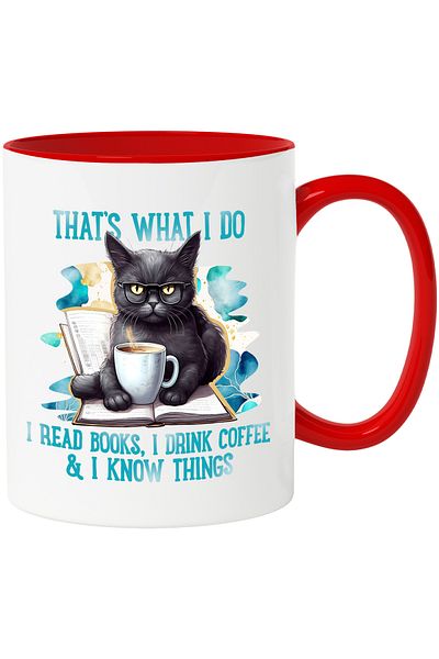 StoryGift Romania Mug with a black cat with the message "That's what I do: I read books, I drink coffee, With ,STG .
