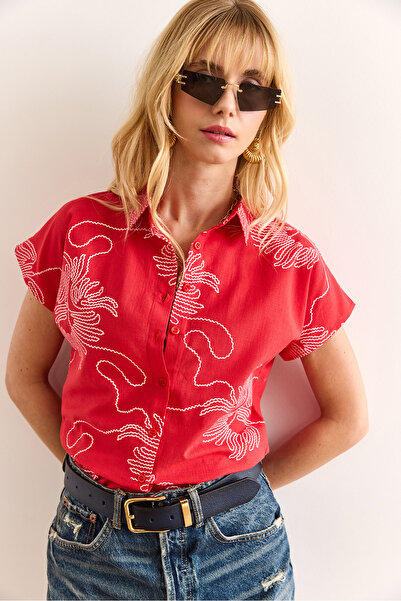 Olalook Women's Chain Red Patterned Linen Bat Shirt Gml-19001129