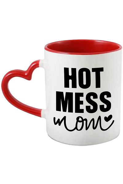 StoryGift Romania Mug with the message "Hot mess mom" - hot mess mom heart with Heart Handle, With,STG.