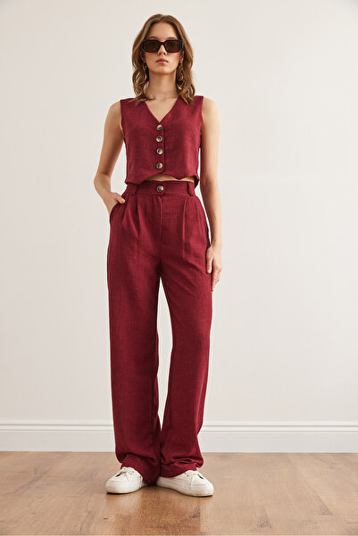 Olalook Women's Burgundy Top Vest Bottom Pocket Trousers Linen Look Suit Tkm- 19000359