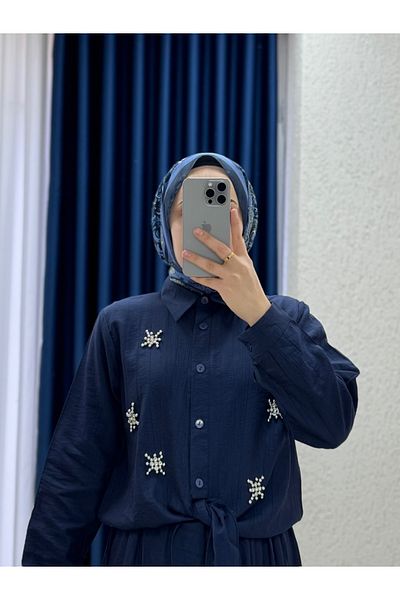Ebrar Store Dilfuruz Shirt with Stones and Tie-Up Skirt Suit-Mf510 Navy Blue