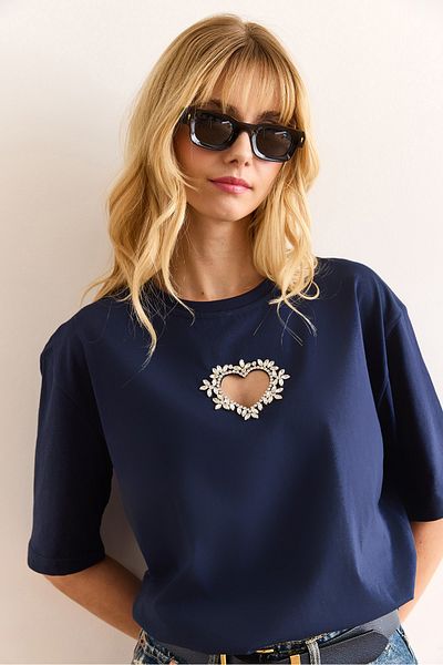 Olalook Women's Navy Blue Heart Stone Printed Regular Fit Cotton T-Shirt Tsh-19000908
