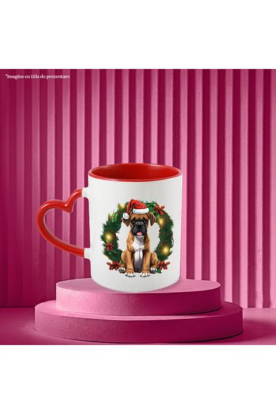 StoryGift Romania Mug with a puppy wearing a Christmas hat, illustration, wreath, mistletoe, fr, Cu,STG.
