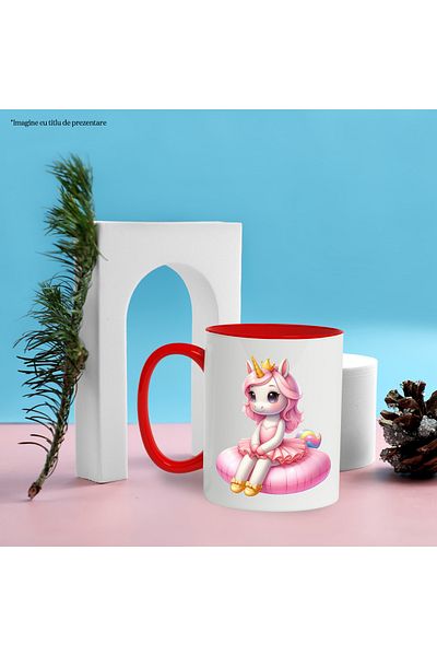 StoryGift Romania Mug with a unicorn sitting on an inflatable pillow, illustration, blushing, pink, , With ,STG