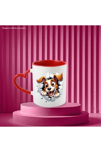 StoryGift Romania Mug with a dog sticking its head out of a destroyed wall, illustration, cheerful, curious, , With ,STG