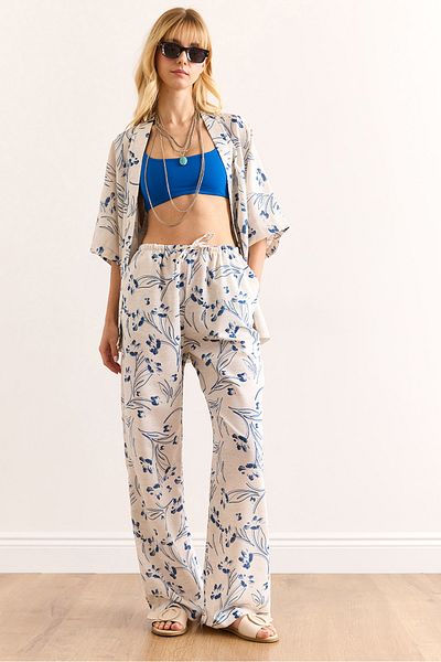 Olalook Women White Blue Top Kimono Bottom Pocket Palazzo Pants Suit Tkm-19000382