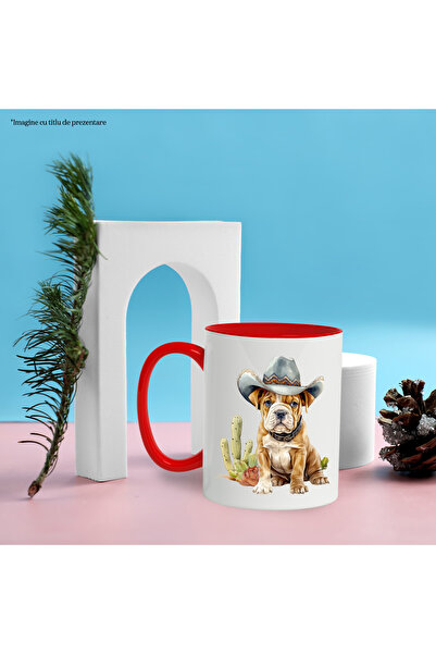 StoryGift Romania Mug with a puppy wearing a cowboy hat, illustration, Wild West, cactus, scratch, With ,STG.