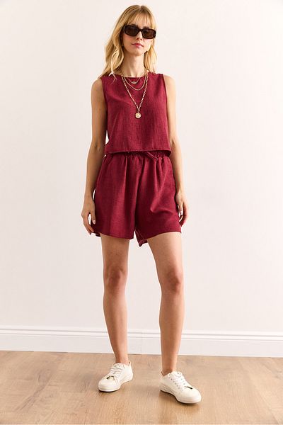 Olalook Women's Burgundy Top Back Button Blouse Bottom Pocket Shorts Set Tkm-19000384
