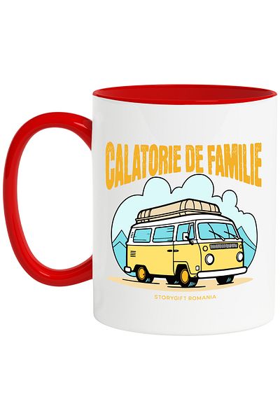 StoryGift Romania Family travel mug caravan adventure love, 330ml, Ceramic with Red Handle, With, STG.