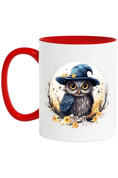 StoryGift Romania Mug with an owl wearing a witch hat, illustration, popcorn, ra, With ,STG .