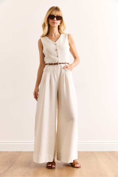 Olalook Γυναικεία φόρμα με πέτρινο κουμπί, τσέπη και ζώνη με φαρδύ πόδι TLM-19000157