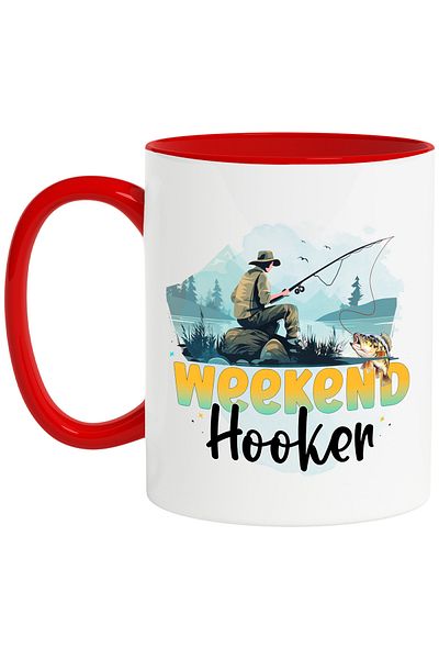 StoryGift Romania Mug with a fisherman with the message "Weekend hooker", fishing rod, fish, mountains, lake, illustrious, With ,STG.