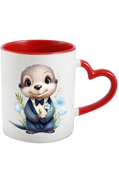 StoryGift Romania Mug with a cheerful otter holding some flowers | illustration | gift | bow tie | ves, With ,STG.