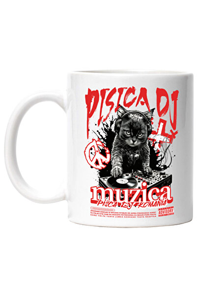 StoryGift Romania Cana Pisica Dj Romania, Muzica, Casti, Artist, 330ml, Ceramic Cu Maner Alb, Cu Maner ,stg