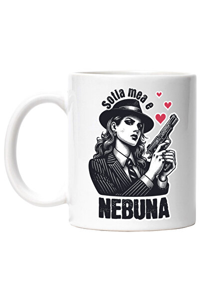 StoryGift Romania Cana femeie cu pistol puternica text haios Sotia mea este nebuna, 330ml, Ceramic, Cu ,STG