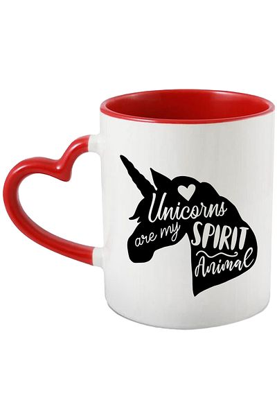 StoryGift Romania Mug with a unicorn figure and a heart with the message "Unicorns are animals, With,STG.