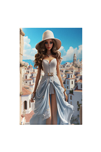 StoryGift Romania Tablou Canvas: Papusa Doll Girl In Santorini Cu Rochie Alba...