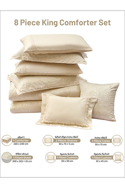 Donetella Premium King Comforter Set 8-Pcs, Jacquard Bedding with 350 GSM Poly Silk Filling