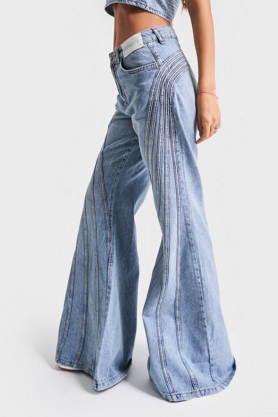 its basic Blugi de damă, culoare flare, cu dungi, 100% bumbac, design special, blugi din denim