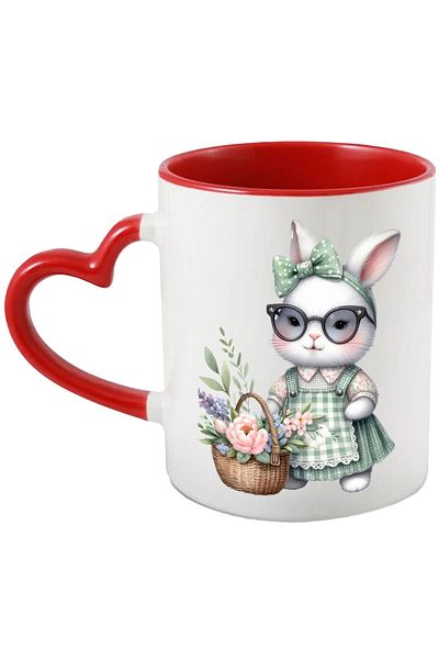 StoryGift Romania Mug with a bunny in a dress, illustration, basket with popcorn, bow, glasses, With ,STG