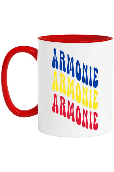 StoryGift Romania Mug The Word Harmony, in the Colors of the Romanian Flag, Red, Yellow, Blue, T, Cu, STG.
