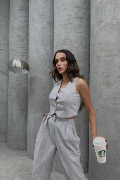 Bliss Women's Gray Linen Top and Bottom Set – Wide Leg Pants & Vest