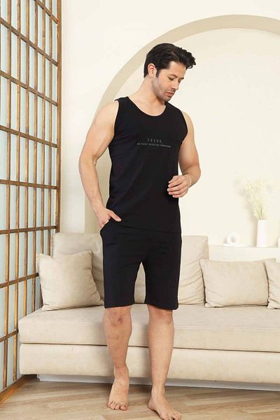 ALİMER Men's Shorts Set - Black Focus Printed Suspender Combed Cotton Suit 1070şt