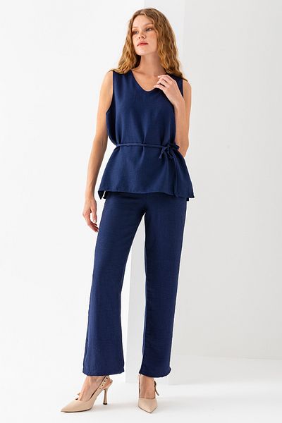 GİYSA Women's Side Tie Detailed Elastic Waist Double Suit Navy Blue - 25799