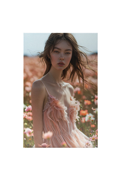 StoryGift Romania Tablou Canvas O Campie Mare De Flori Roz In Care Sta Fata I...