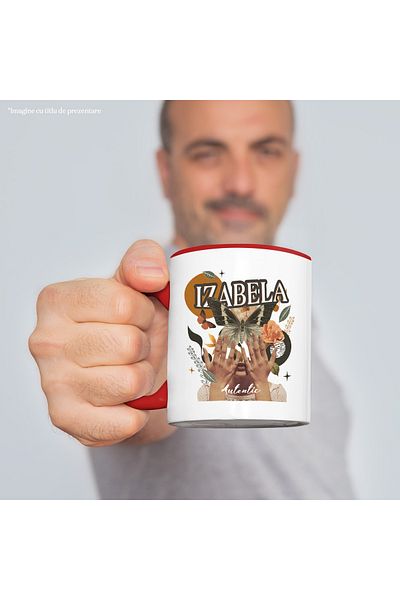 StoryGift Romania Mug With Name Izabela, Girl Collage, Butterfly, Flowers, Circle, 330ml, Ceramic with Handles, With ,STG.