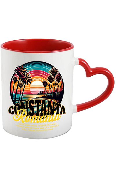 StoryGift Romania Beach Mug from Constanta, Romania, 330ml, Ceramic with Red Heart Handle, With Heart Handle, STG.