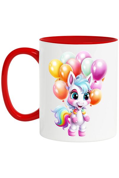 StoryGift Romania Mug with a happy unicorn | illustration | many colorful balloons tied to it | , With ,STG .