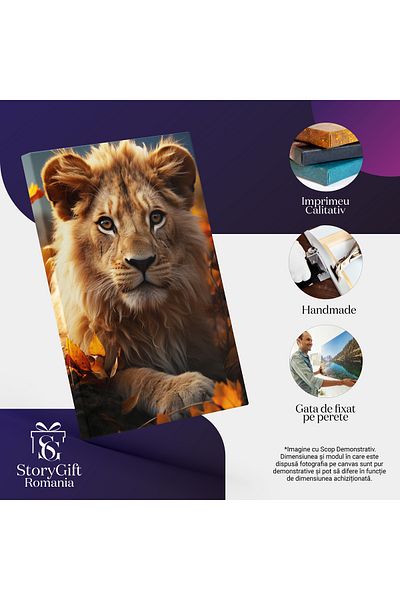 StoryGift Romania Tablou Canvas: Povestea din Ochii Pătrunzători ai Regelui Leu Frunze de Toamnă în Peisaj Pictur