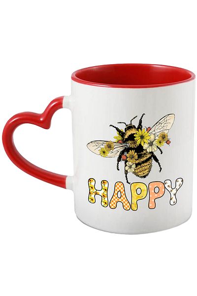 StoryGift Romania Mug with the message "Happy", illustration, motivational, happiness, joy, bee, fl, With ,STG.