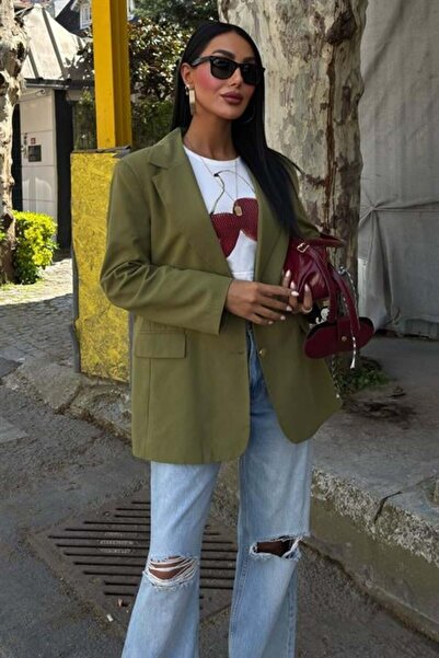 RICHMOST Long Sleeve and Button Closure Double Breasted Collar Oversize Blazer Women's Linen Jacket Khaki