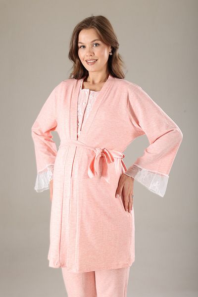 Pelin Women's Pink Lace Detailed Maternity 3-Piece Pajama Set