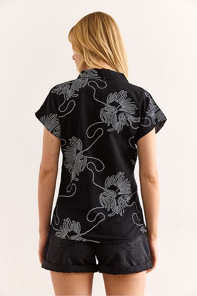 Olalook Women's Chain Black Patterned Linen Bat Shirt Gml-19001129