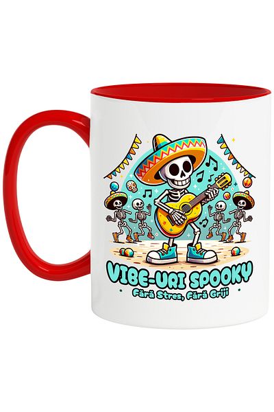 StoryGift Romania Mug Spooky vibes stress free, worry free skeletons playing guitar, 330ml, , With ,STG .