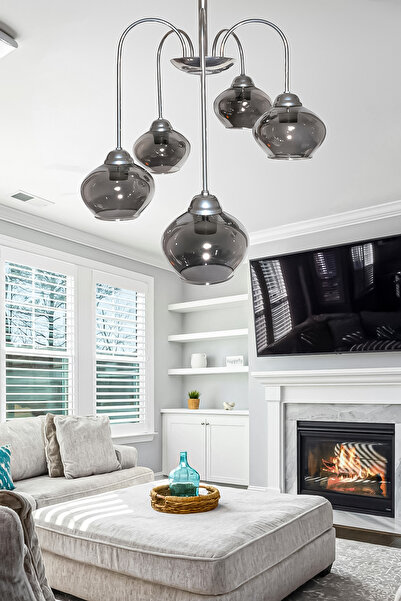 Fer Avize Dora 5 Li Avize Dekoratif Tasarım Modern Kollu Camlı Avize Oturma Odası Yemek Odası Salon