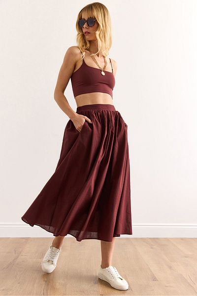 Olalook Women's Burgundy Lined Side Zipper Cotton Midi Voile Skirt Etk-19000319