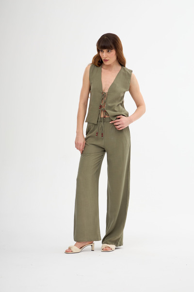 4EVERTİGER BONCUK DETAYLI YELEK PANTOLON KETEN TAKIM